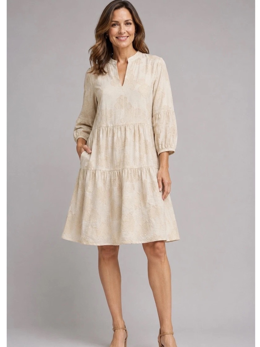 Chico's Cream Champagne Shimmer Floral Dress Size 6